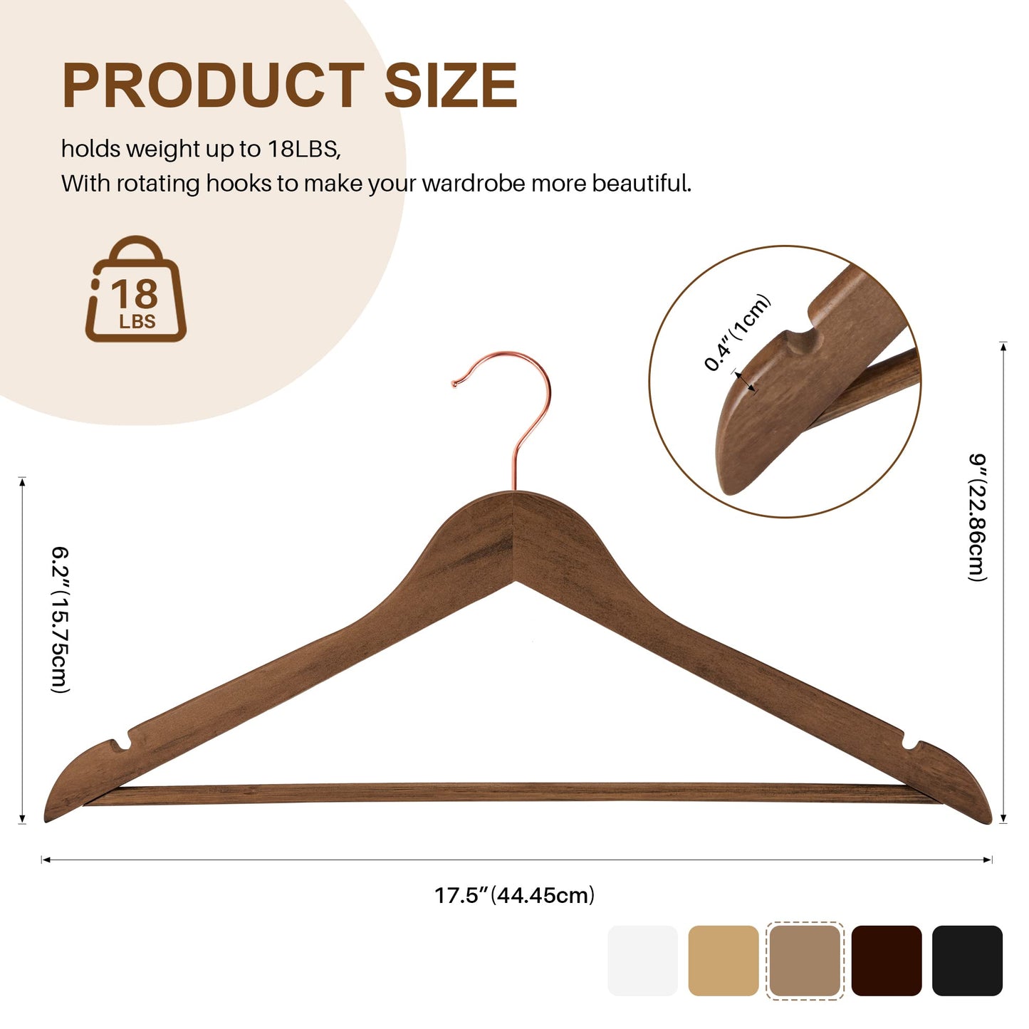 HOUSE DAY Wooden Hangers, 20 Pack Wood Clothes Hangers, Walnut Hangers for Suits, 360° Rotating Hook in Rose Gold, Non-Slip, Shoulder Notches.