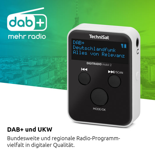 TechniSat DIGITRADIO mobil 2 - Portable DAB+/FM mini radio with integrated battery (rechargeable pocket radio, headphones, OLED display, favorites memory) black/white.