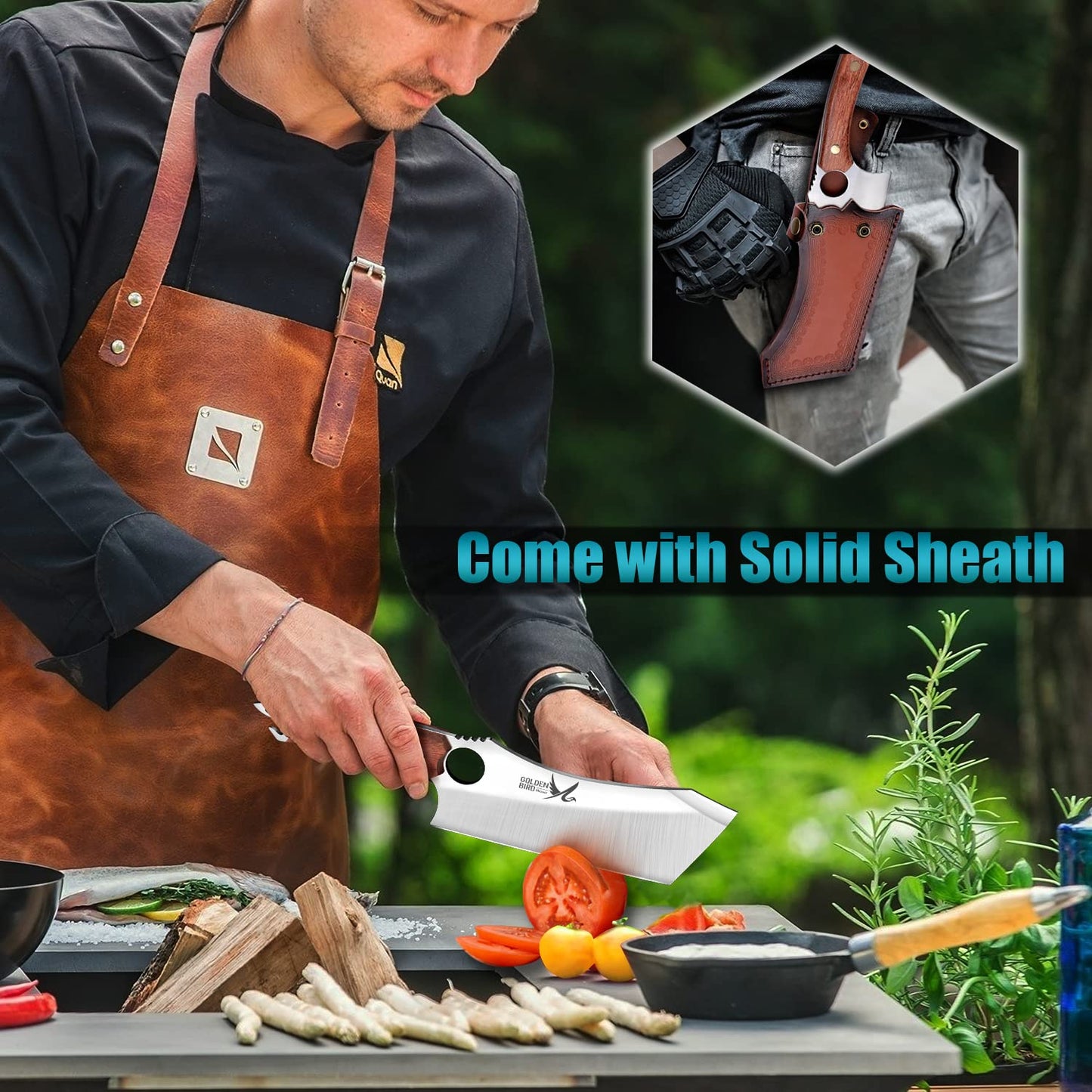 Golden Bird Japanese knife Full Tang Chef Knife Professional knife Forged in fire Sharp kitchen cleaver with sheath Gift box Bottle opener Cleaver Kitchen knife for outdoor camping