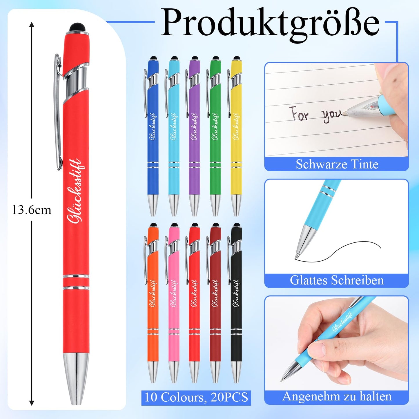 Tenare 20pc Lucky Pen Black Ink Ballpoint Pens with Touchpen Inspirational Printed Ballpoint Pens for Exam High School Encouragement Recovery Colleagues Families (Vibrant Colors)