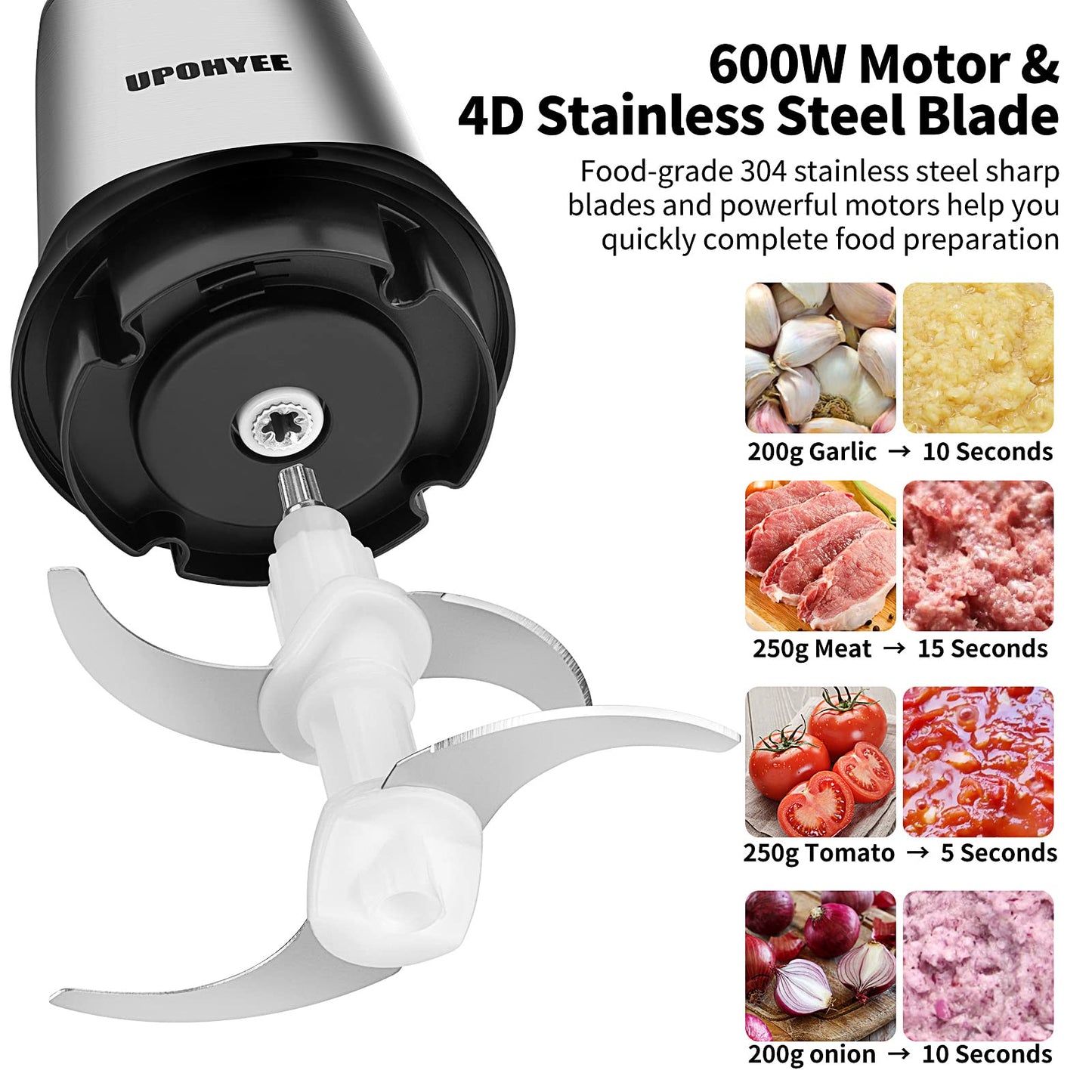 600W 2L stainless steel bowl food processor with 2 speed settings. Electric kitchen chopper with 4 blades for vegetables and garlic.