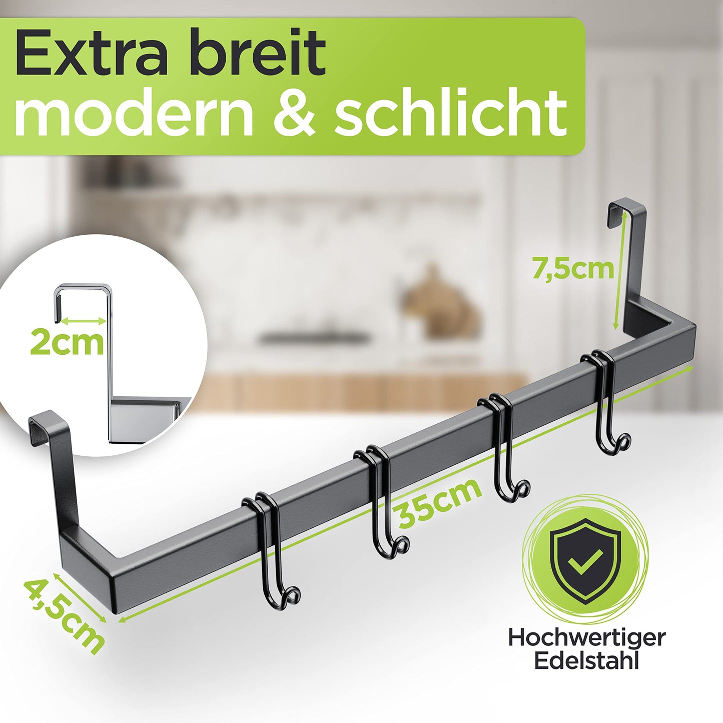 DEELIA® Dish Towel Holder Kitchen | Towel Holder for Hanging on Kitchen Cabinet without Drilling | incl. 4 Hooks | Black Stainless Steel Towel Holder