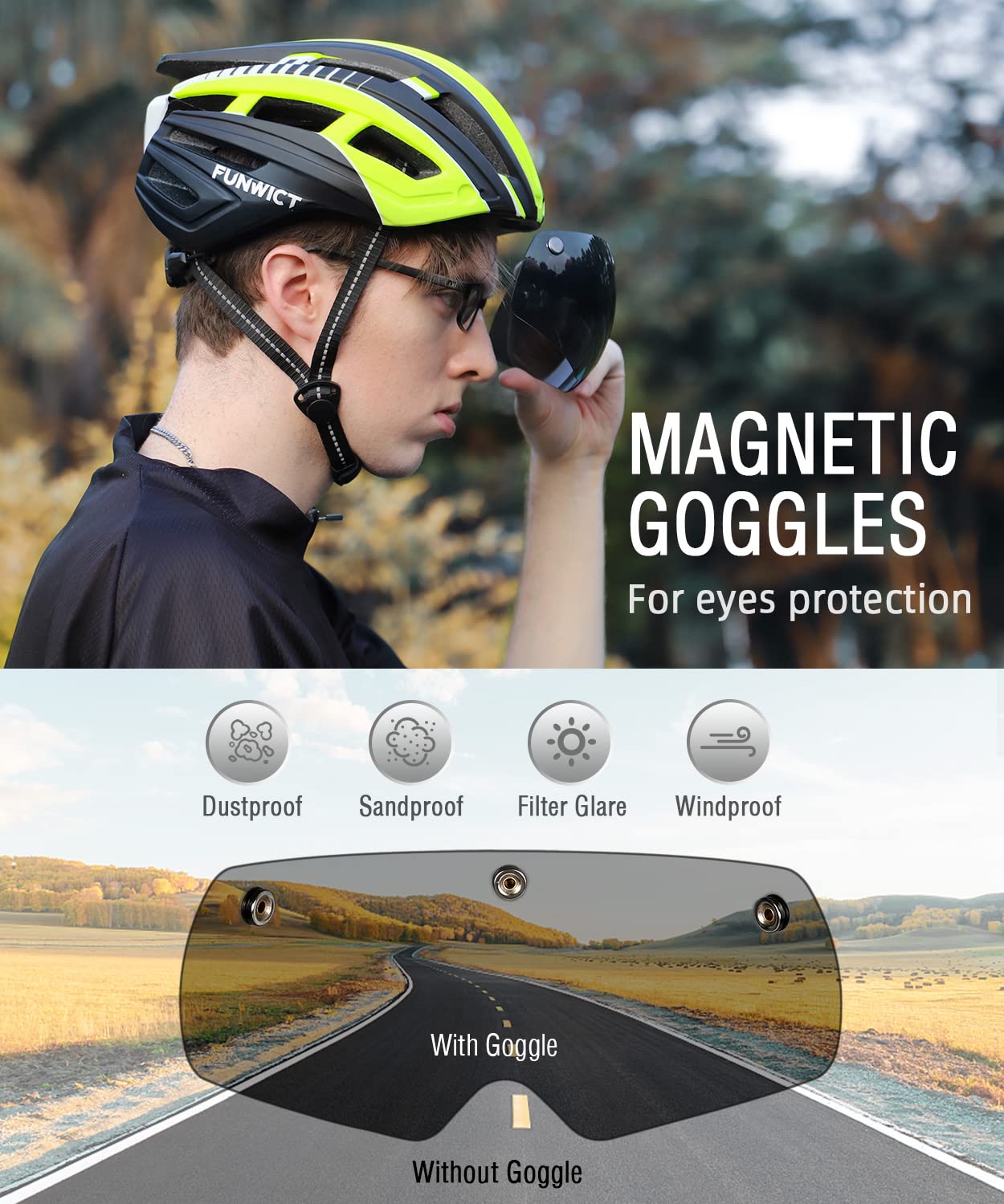 FUNWICT Bike Helmet Men Women Helmet Bike with Removable Magnetic Glasses and Inner Lining LED Rear Light Helmet with Visor for Cycling (BlackYellow)