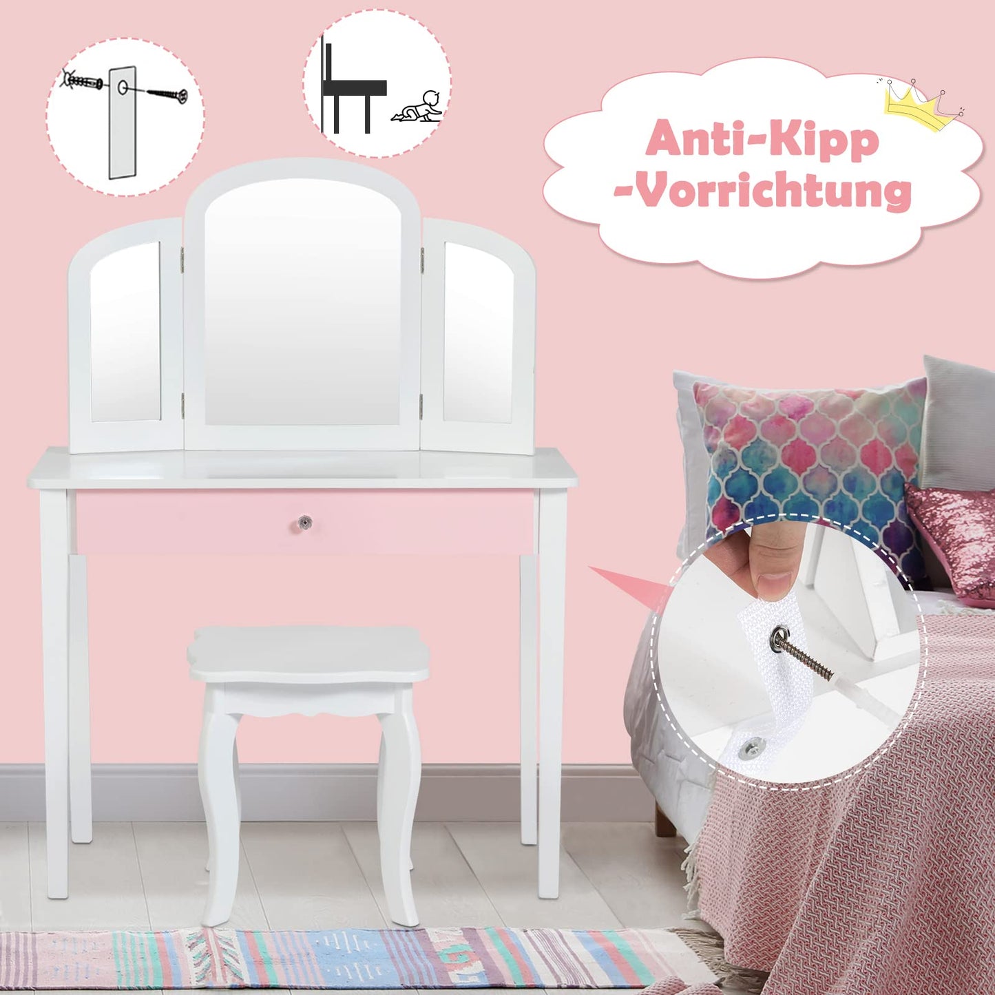 GOPLUS 2 in 1 Kids Vanity Table, Dressing Table & Chair, Makeup Table with Removable 3-Fold Mirror & Drawer, Padded Stool, made of wood, in country style, Children's Vanity Table for Girls (White)