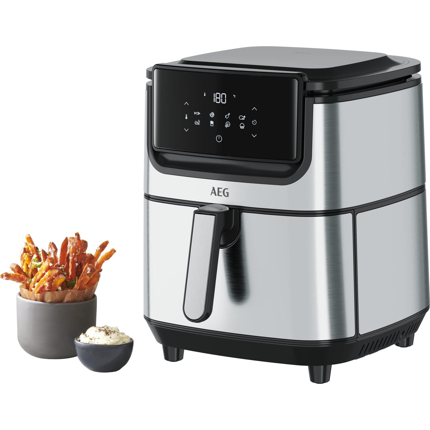 AEG AF6-1-6ST Hot Air Fryer (Frying, Grilling, Roasting, Baking with little to no oil, 8 pre-set programs, XXL capacity, dishwasher safe, LED touch display, programmable, stainless steel)