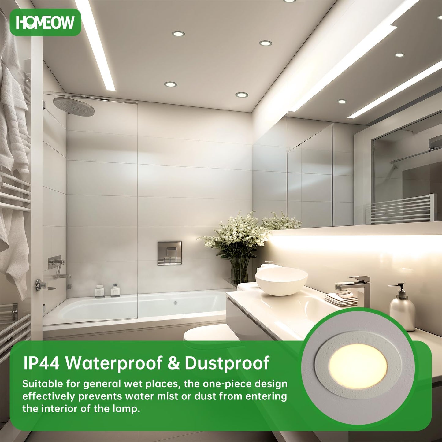 HOMEOW 12 pack Recessed LED Flat Panel Lights, 230V 5W 450 Lumens, Neutral White 4000K LED Spot, Cut-out 75-85mm, Diameter 100mm, IP44 Waterproof for Bathroom Kitchen Living Room.