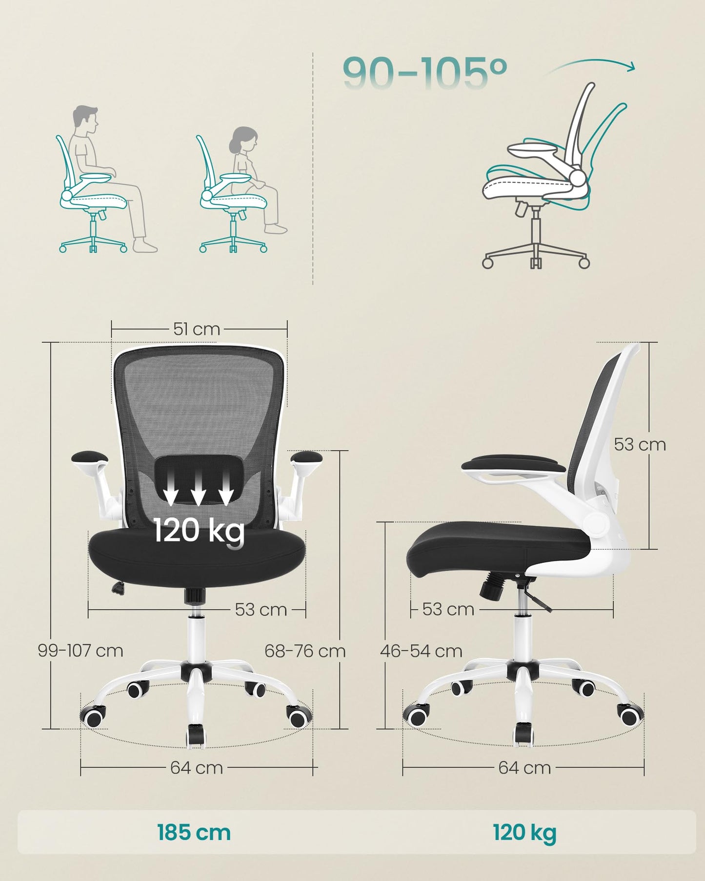 SONGMICS Ergonomic Canvas Office Chair, Seat with Padded Lumbar Support, Tilt Mechanism, Wide 53cm Seat, Foldable Armrests, Black and White OBN37WT