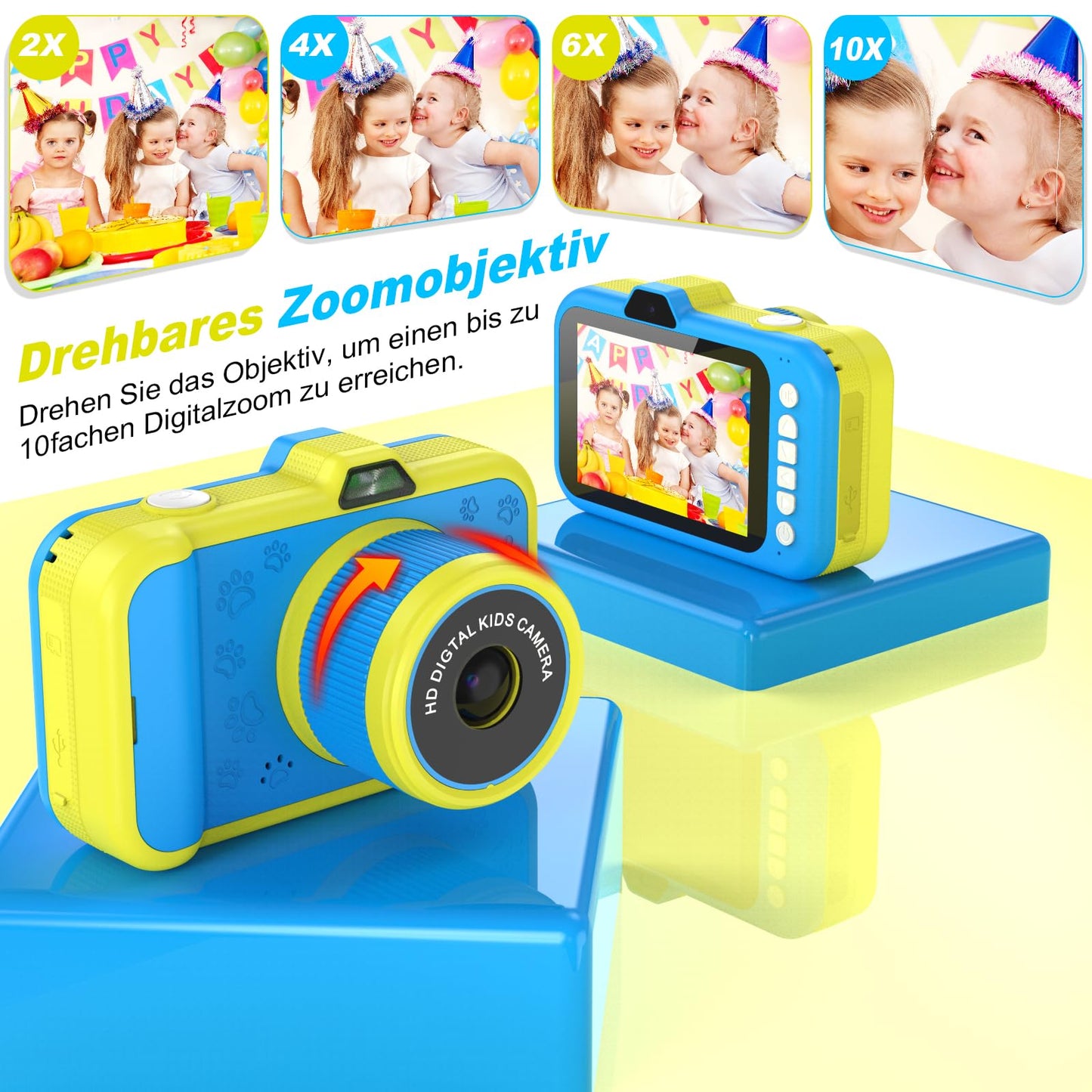 Children's camera with 3.5" display | 360° zoom lens | Selfies & LED flash | Digital camera with 32GB card | Toy for kids 3-12 | Blue