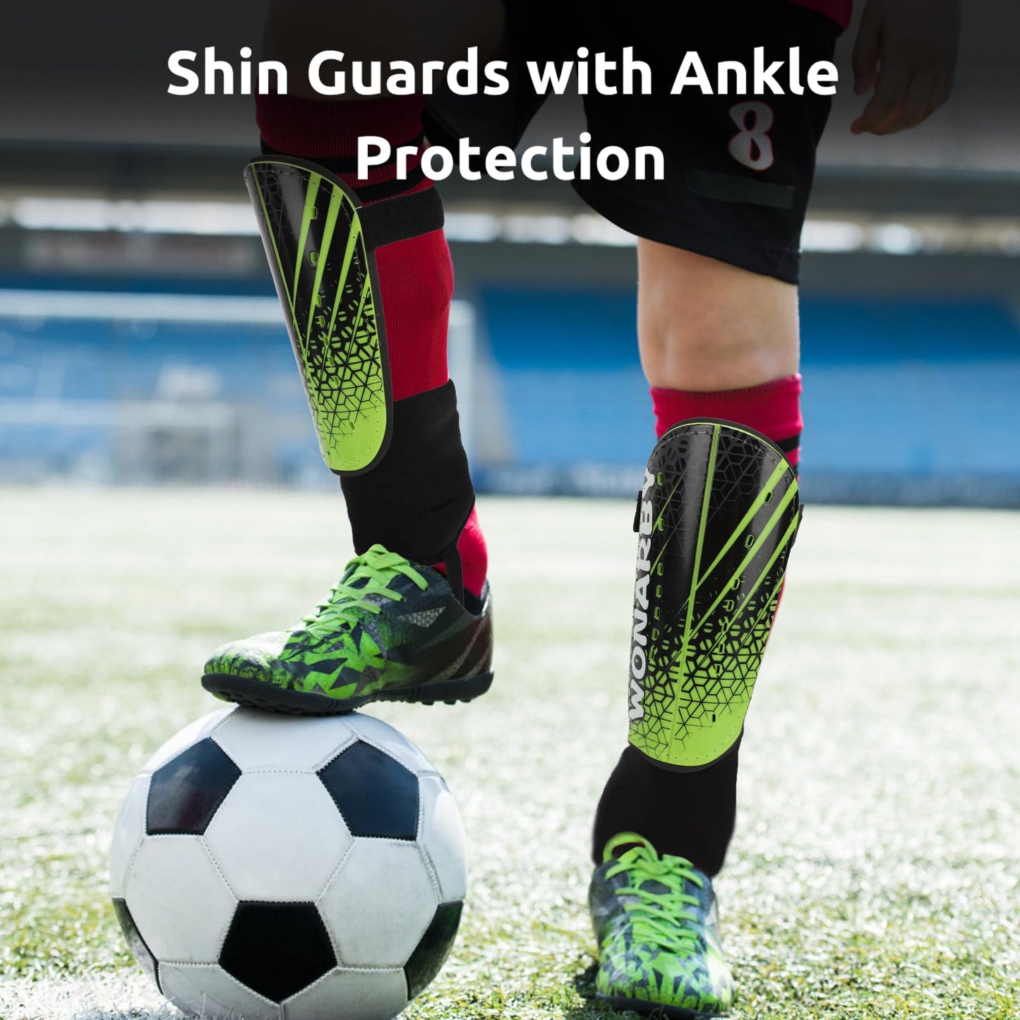 Shin guards for kids football ankle protection men - Soccer gear with adjustable velcro strap - Lightweight durable non-slip for boys girls ages 2 to 18 - Green XS