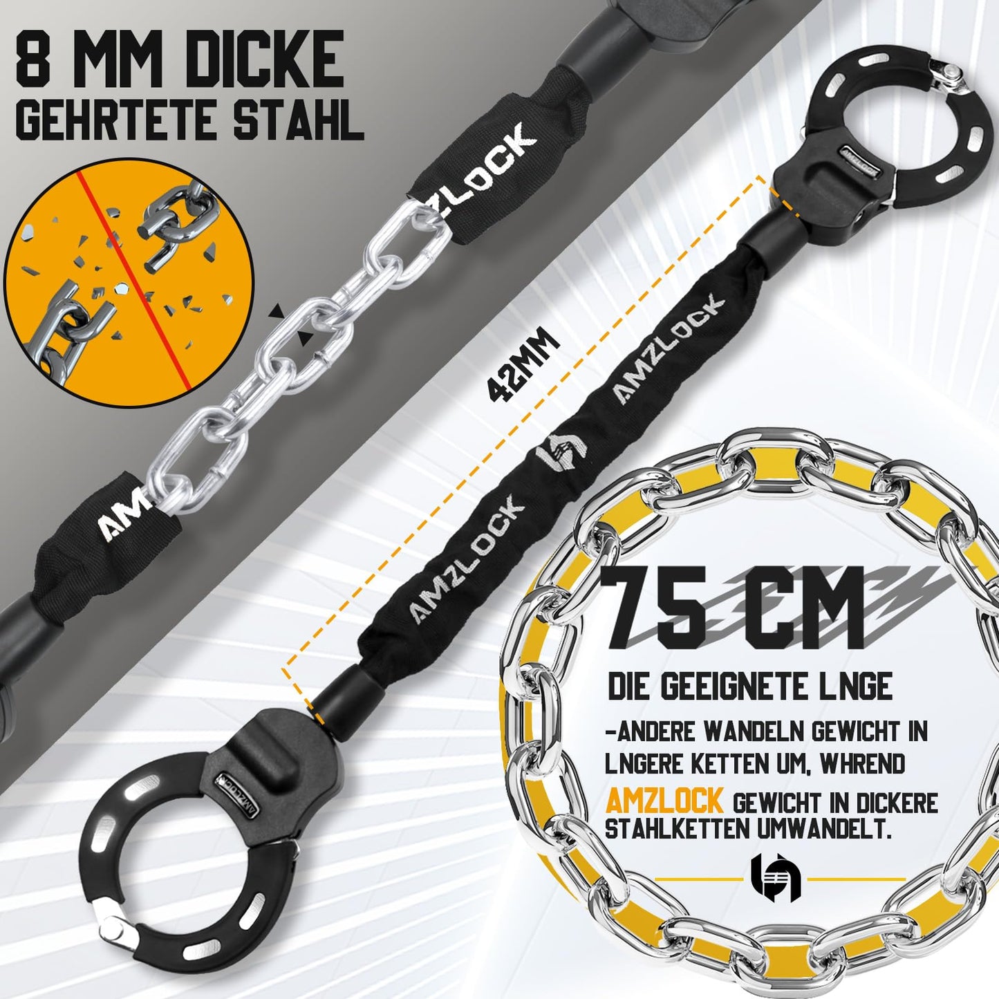 AMZLOCK E Scooter Lock with Bag | 8mm Thick Chain Lock | Handcuff Lock for E Scooter | with 3 Keys | 1.6kg/75cm High Security Lock