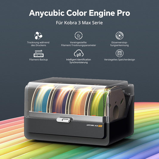 Anycubic Color Engine Pro for Kobra 3 Max series, filament drying with moisture presetting, nozzle clog detection, Intelligent ACE Pro for easier filament management.