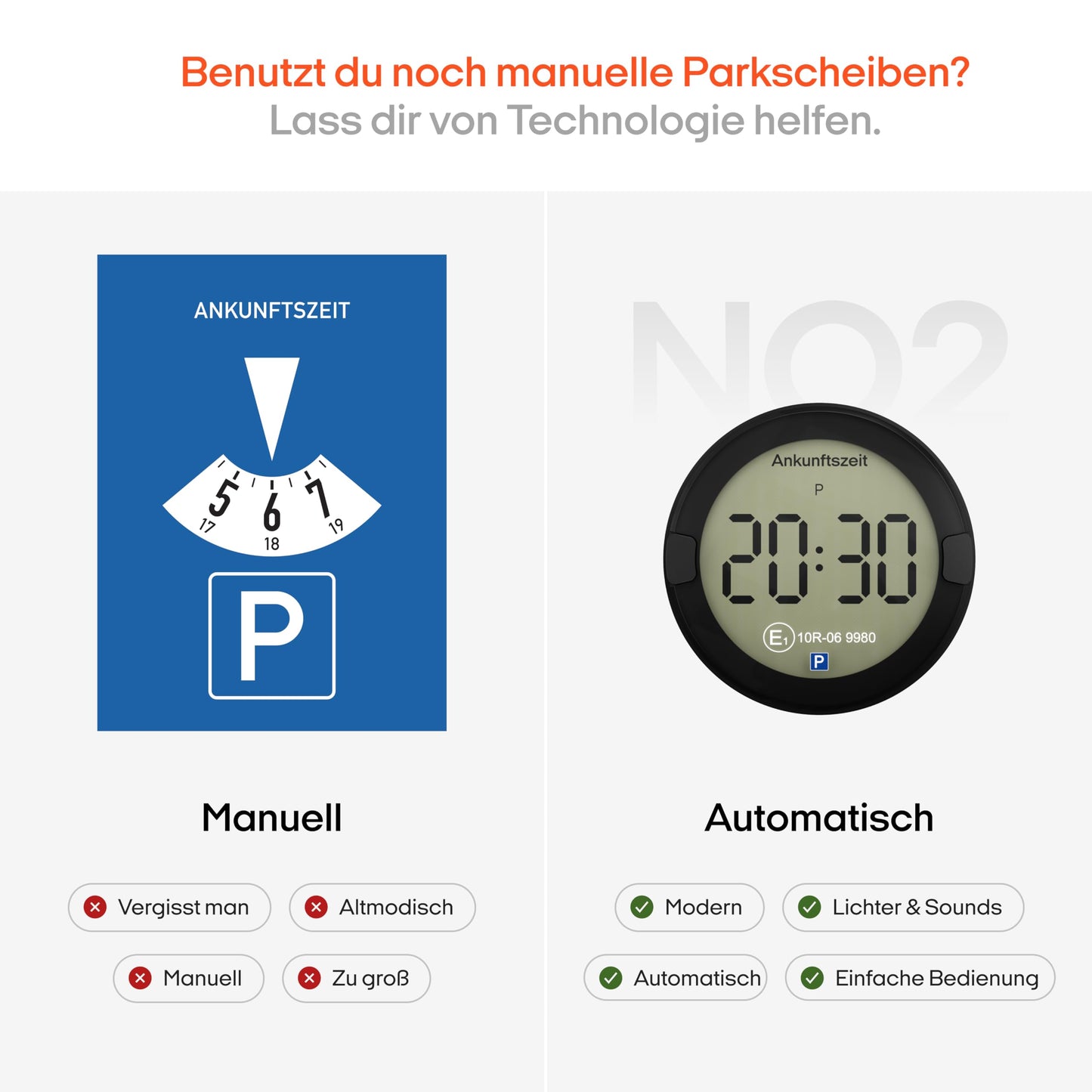 OOONO P-DISC NO2 - Electronic parking disc with approval for the car - Automatic digital parking disc electrically approved by the KBA according to the Road Traffic Act (StVO) - Electric parking clock approved for the car
