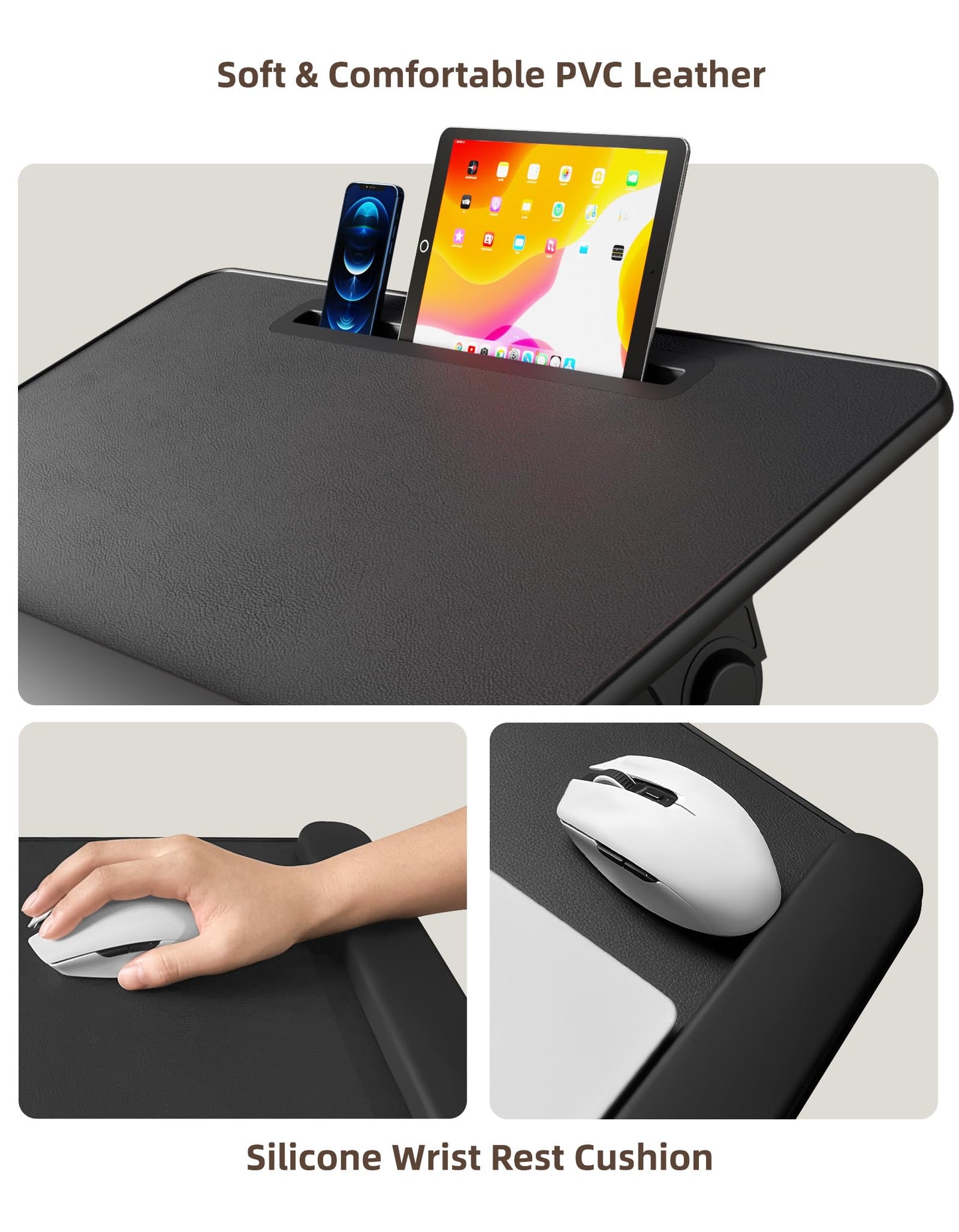 EWX bed desk with folding legs, tablet slot, storage drawer, silicone wrist rest, foldable lap table for eating, working, writing, and drawing.