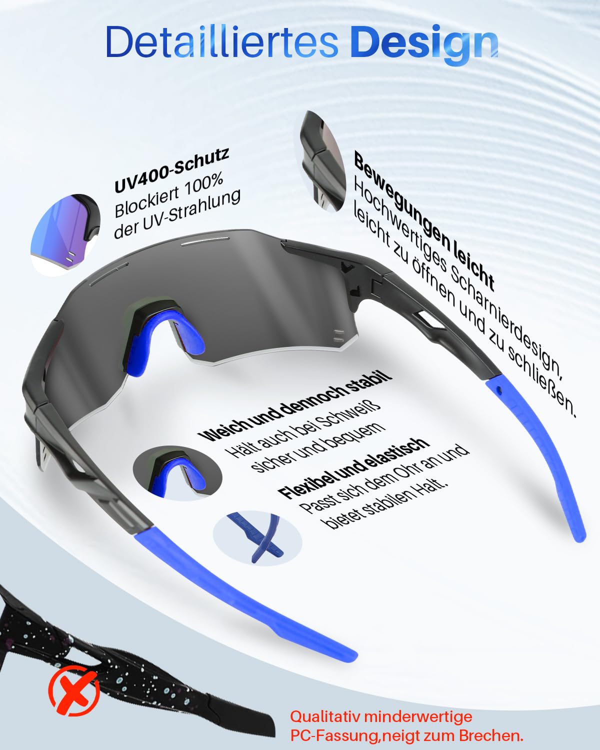 Winyoher fast sunglasses for men and women, windproof and UV400 protection. Lightweight frameless sports glasses with 3 interchangeable lenses for cycling, fishing, biking, and running.