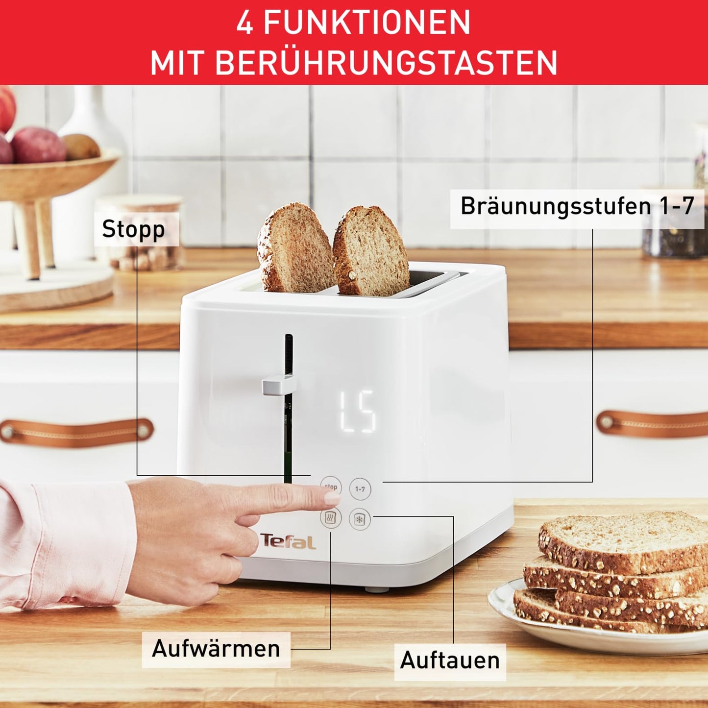 Tefal TT6931 Sense Toaster | 7 browning levels | Digital display | Countdown | Reheat/Defrost | Crumb tray | Stop button | White