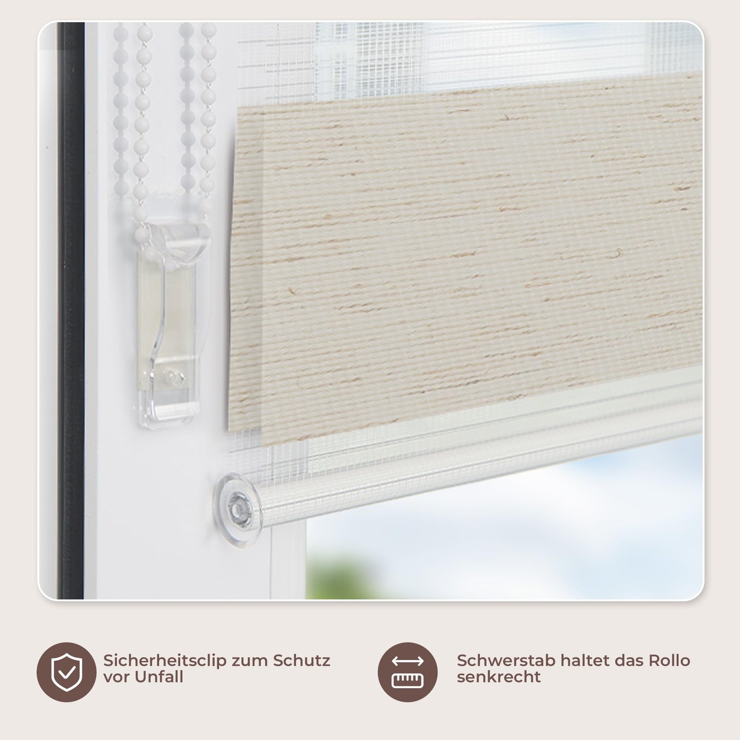 All in one double roller clamp without drilling & with drilling, Duo blinds for windows and doors, clamp roller blind translucent, privacy and sun protection, 85x190cm (WxH), linen