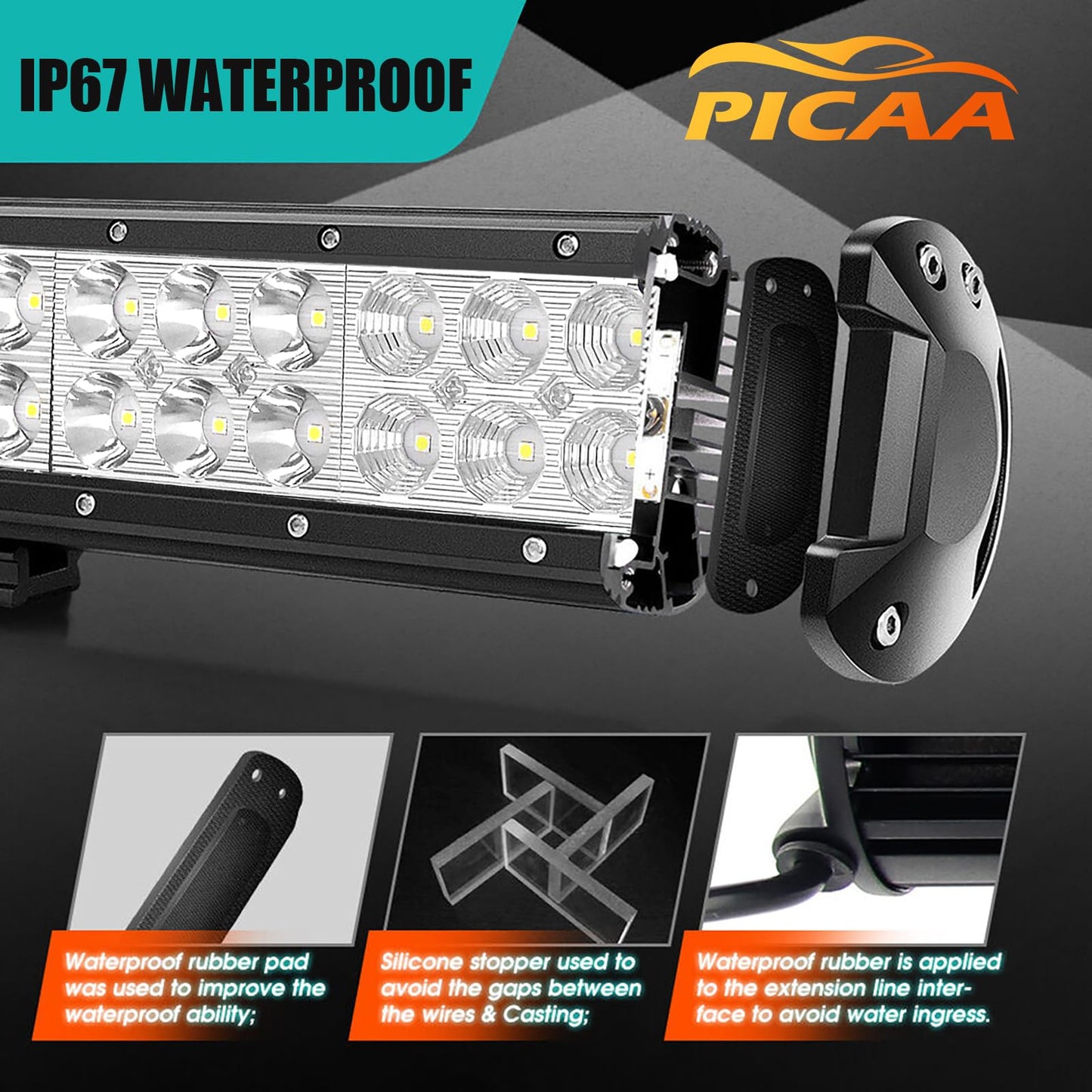 PICAA 20 inch 126W LED Lightbar Car 12V With Wiring Harness Led Light Bar Work Light 6000K White Waterproof for Offroad Truck 4WD 4x4 SUV Vehicle UTV ATV
