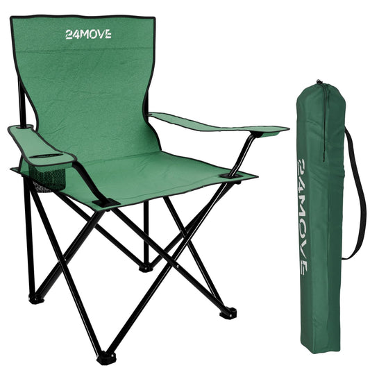 24MOVE® folding chair green camping chair with drink holder - foldable fishing chair - folding garden chair lounge chair camping chair, polyester, for outdoors or indoors