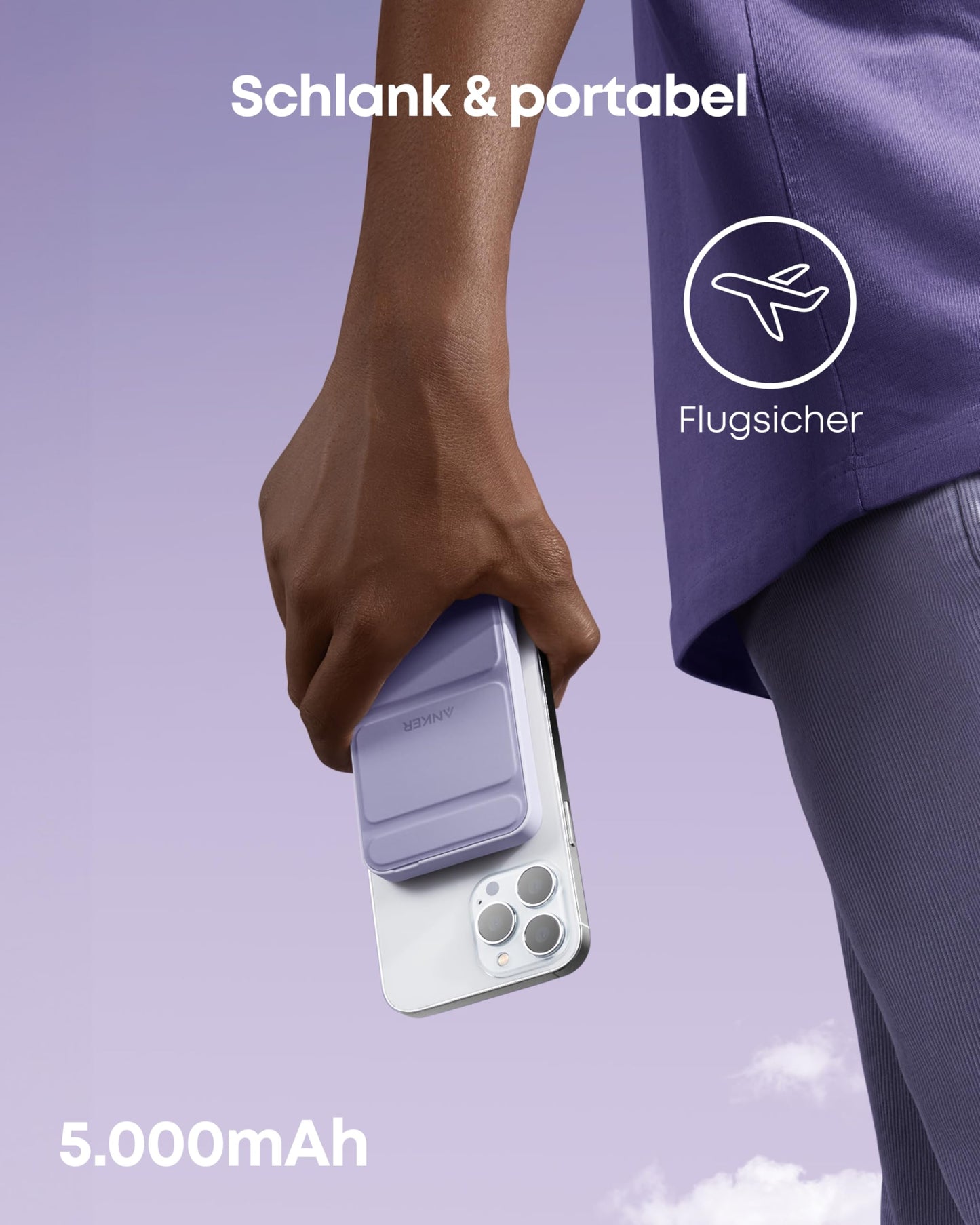 Anchor 622 Magnetic Wireless Power Bank (MagGo), 5000mAh folding magnetic power bank with USB-C for iPhone 17/16/15/14/13/12, Lavender