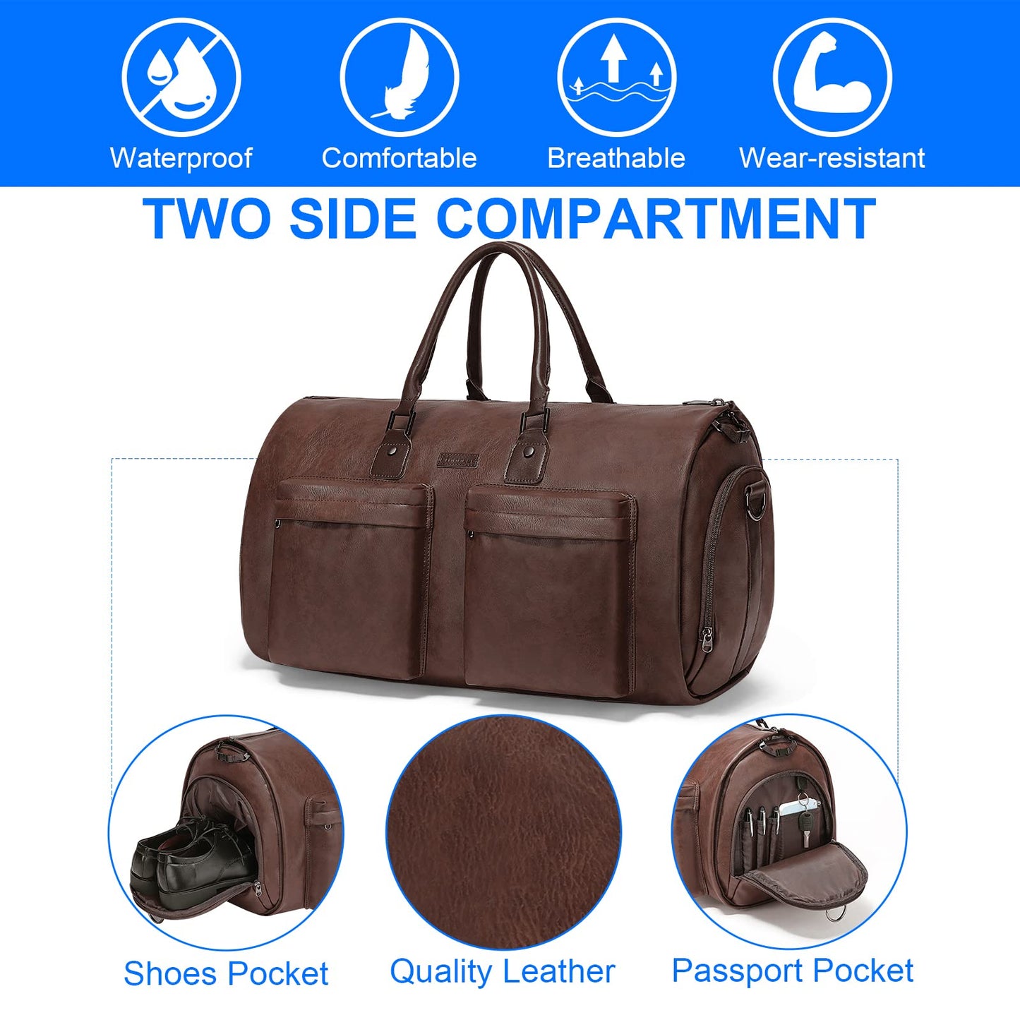 Modoker Convertible Leather Garment Bag, Carry-On for Travel, Waterproof Garment Bag, Gifts for Men, Women, Business - 2 in 1 hanging suitcase, suit, travel bags, brown