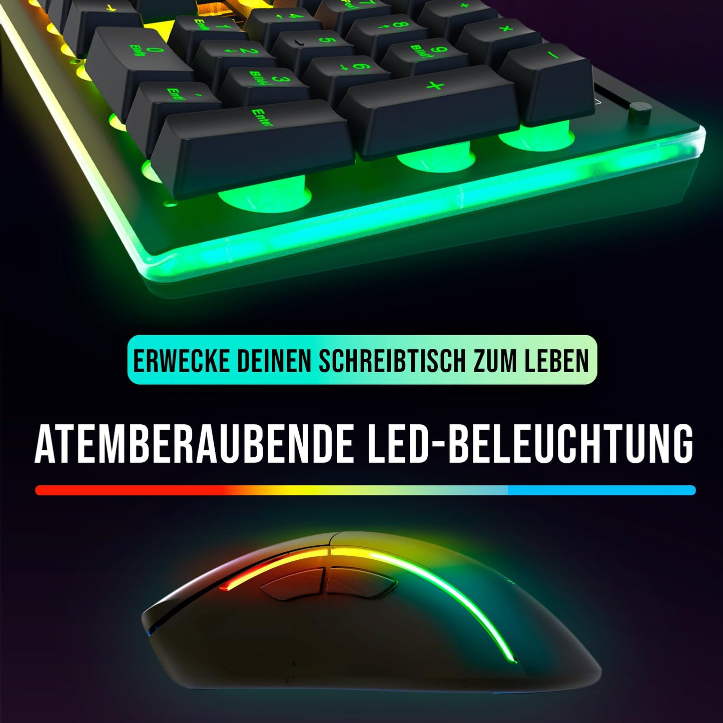 KLIM Thunder Wireless Gaming Keyboard and Mouse Combo - New 2023 - Wireless backlit keyboard with durable built-in battery + 4800 DPI RGB wireless gaming mouse for PC.