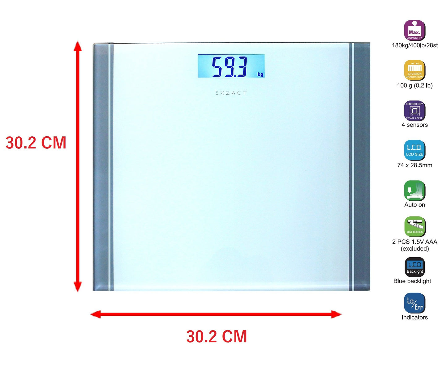 Exact Digital Personal Scale - Electronic Bathroom Scale, Large Capacity 180kg, High Precision, LCD Display with Backlight (White)