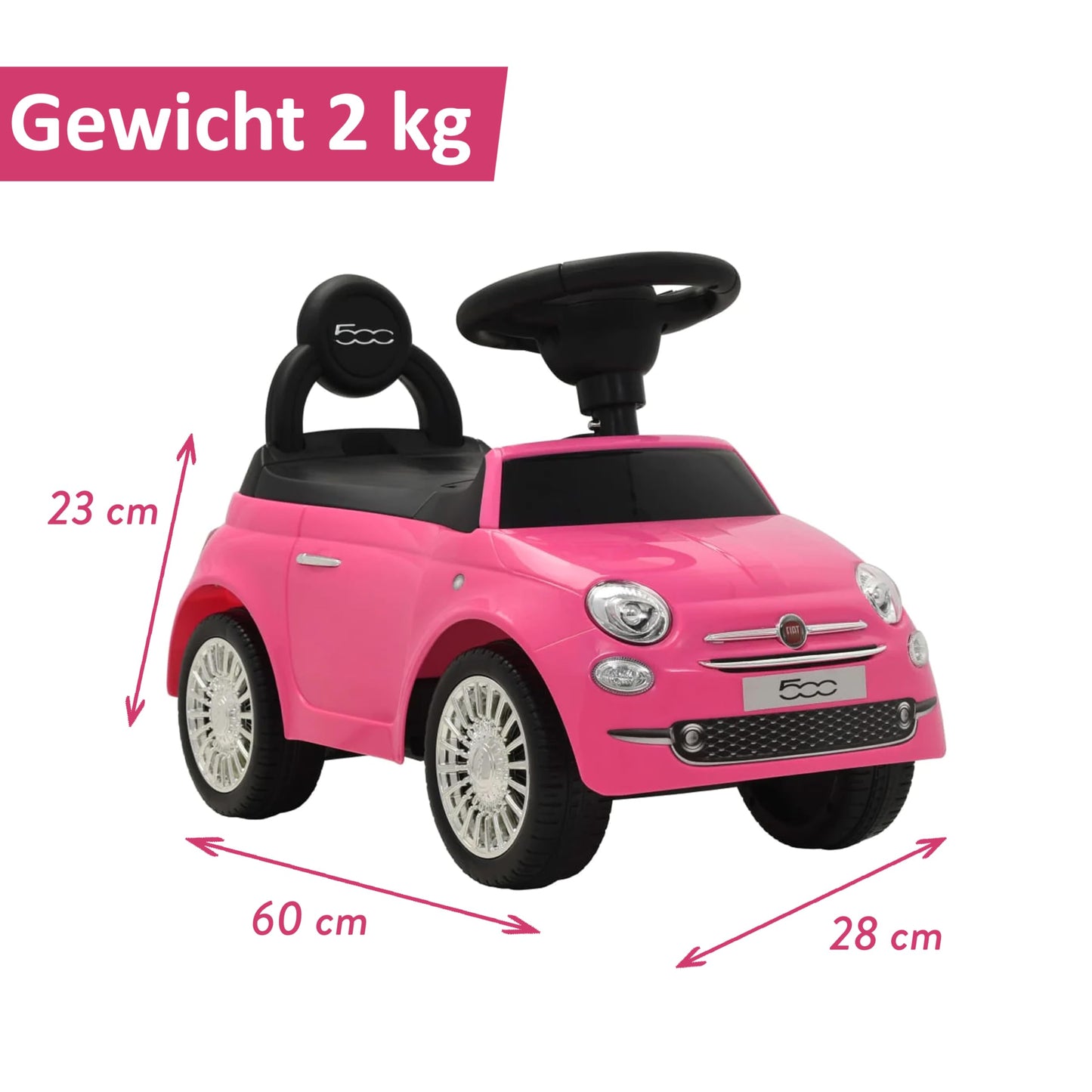 COIL FIAT 500 - Officially Licensed car with storage compartment under the seat, push and pull handle, various sounds -Bobby Car push handle -Bobby Car steering wheel -Toddler ride-on car (pink)