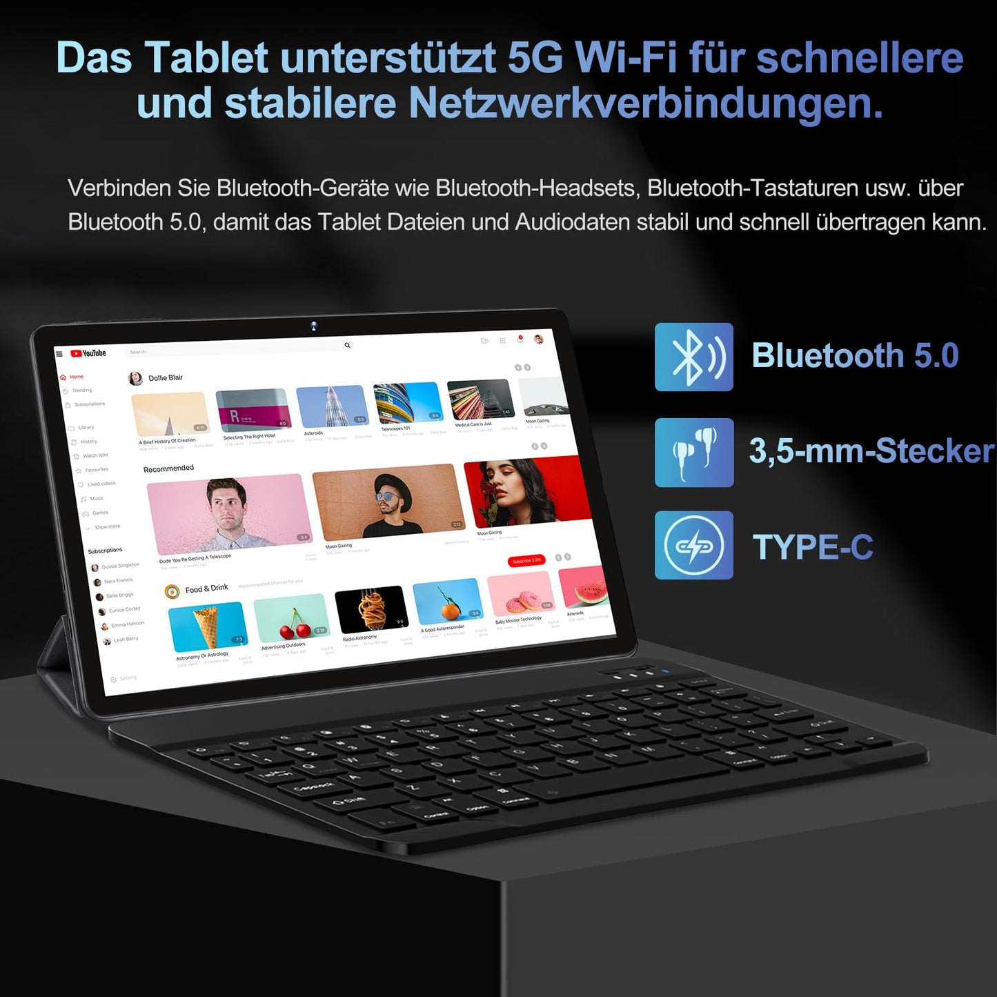 GOODTEL 2024 Latest Tablet 10 Inch Android 13 with 12GB RAM + 128GB ROM 1TB TF, 5G + 2.4G WiFi, GPS, Bluetooth 5.0, 6000mAh, Dual Camera 8+5MP, Cast, OTG, Type C, with case, keyboard & mouse - Black