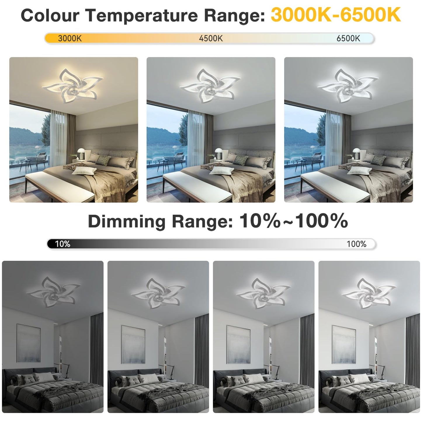 YUNLONG ceiling fan with lighting and remote control. Quiet chrome ceiling lamp with fan. Reversible DC motor, dimmable. Ceiling fan with 6 speeds for summer and winter operation.