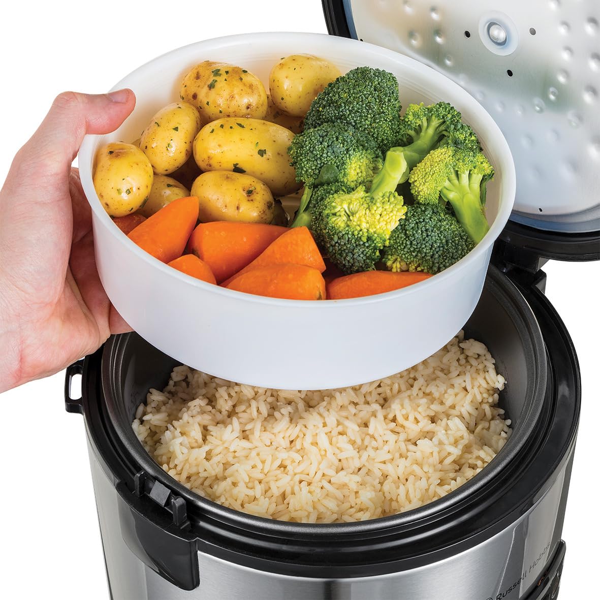Russell Hobbs Rice Cooker 1.2L with Steamer - includes aroma lid (keep warm function, non-stick cooking pot, rice spoon & measuring cup, stainless steel) 27080-56