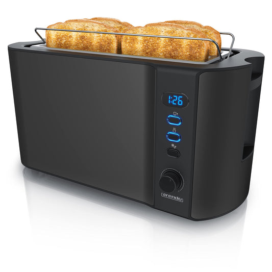 Arendo - Stainless Steel Long Slot 4 Slice Toaster - Defrost Function - heat-insulating housing - with integrated bun rack - crumb tray - display with remaining time indicator - Matt Black