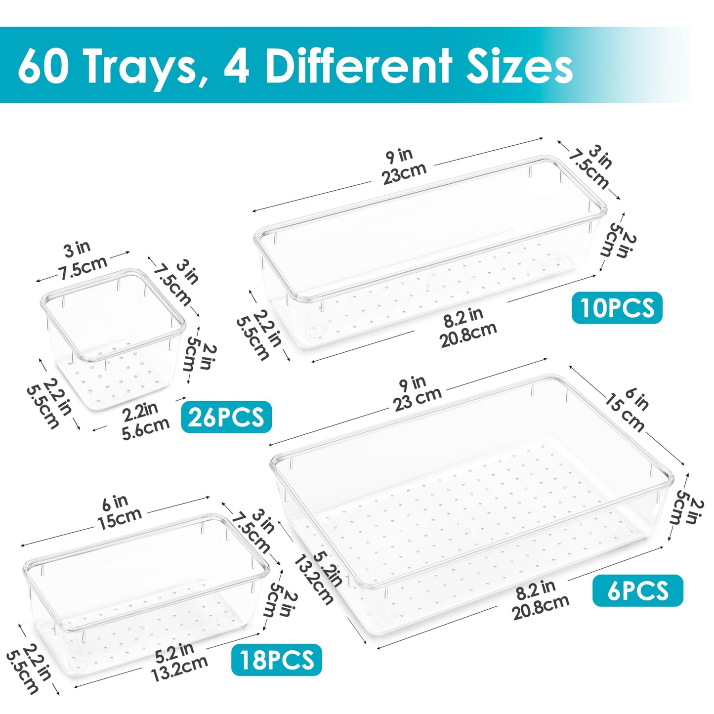 Vtopmart 60 Pieces Drawer Organizer, 4 Sizes, Clear Plastic Drawer Organizer, Containers for Bathroom and Vanity, Organization for Kitchen Utensils, Makeup