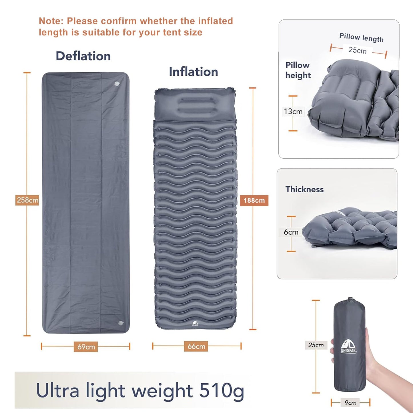Unigear Camping Isomatte Small pack size, Inflatable air mattress for camping, Sleeping pad for outdoor, Ultralight Moisture resistant Waterproof and non-slip, MULTIWAY