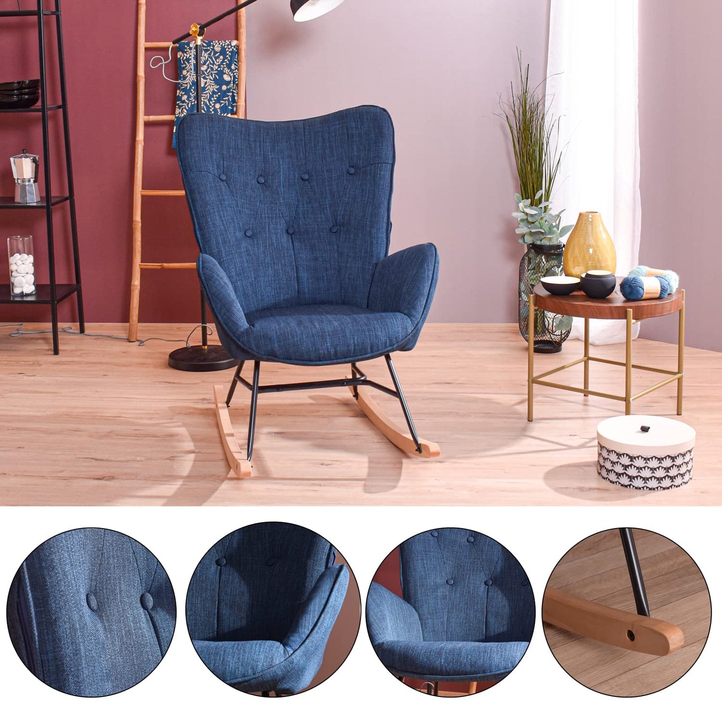 Cosy armchair rocking chair with armrests and padded seat for living room, bedroom, balcony. Supports up to 120 kg. Dark blue fabric and wooden rockers.