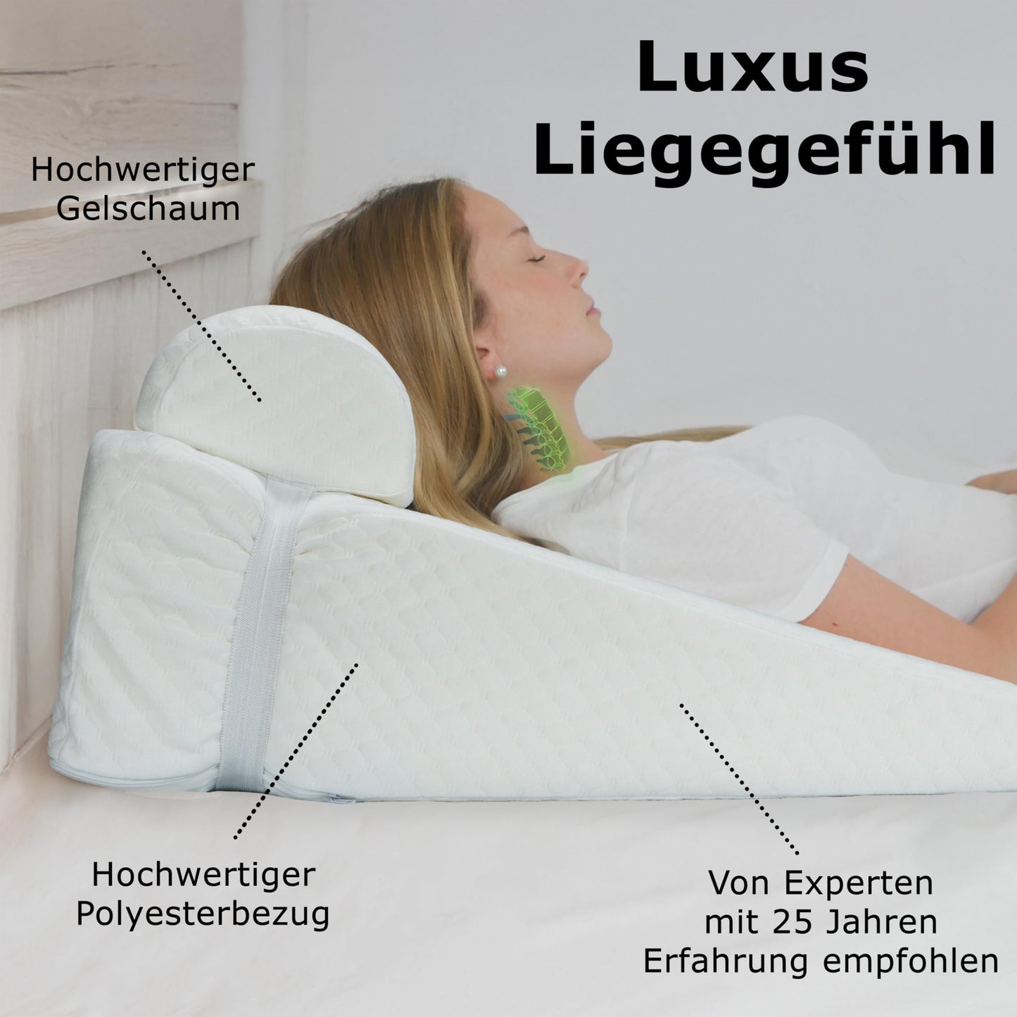 Orthopedic reflux wedge pillow made of 100% gel foam in Europe. Ergonomic and pressure-relieving with a 25° angle for healthy sleep. Washable white polyester cover with neck roll.