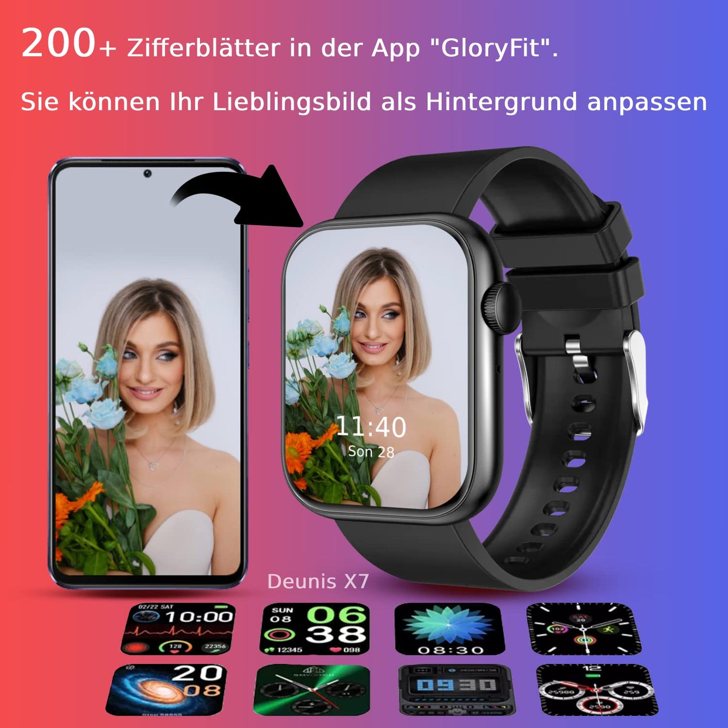 Deunis X7 Smartwatch 1.96 inch for Women Men with phone function and notifications, compatible with Android and iOS, sleep monitor, pedometer, fitness tracker (Black)