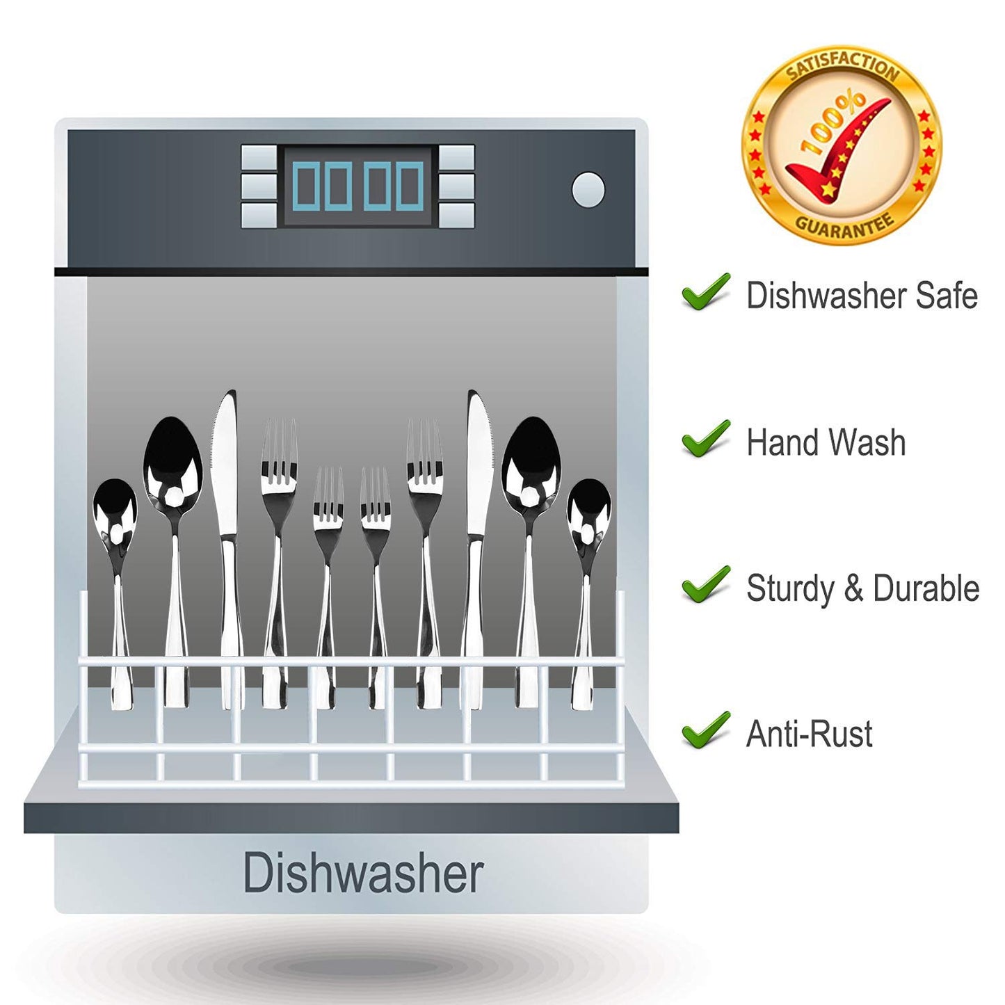 WUJO cutlery set, stainless steel silverware, 30-piece set including knives, forks, spoons, cake forks, tea/coffee spoons. Cutlery for 6 people, mirror polished, dishwasher safe.