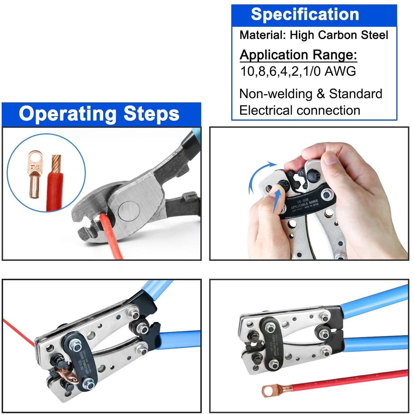Brileine Battery Cable Lug Crimping Tool Large 10-1/0 AWG with 8 Sizes 60 Pieces Copper Ring Terminals - Crimping Tool Battery Cable Set