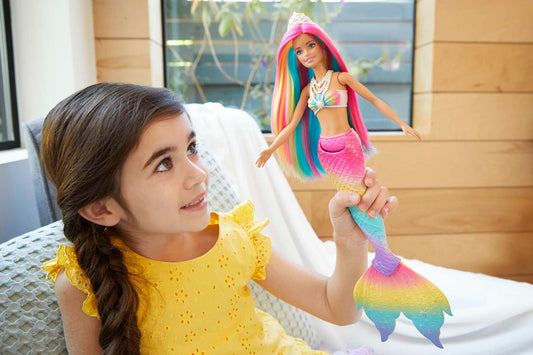 Barbie Dreamtopia Rainbow Magic Mermaid doll with rainbow hair, color-changing features activated by water, toy for ages 3 and up, great gift for girls, GTF89