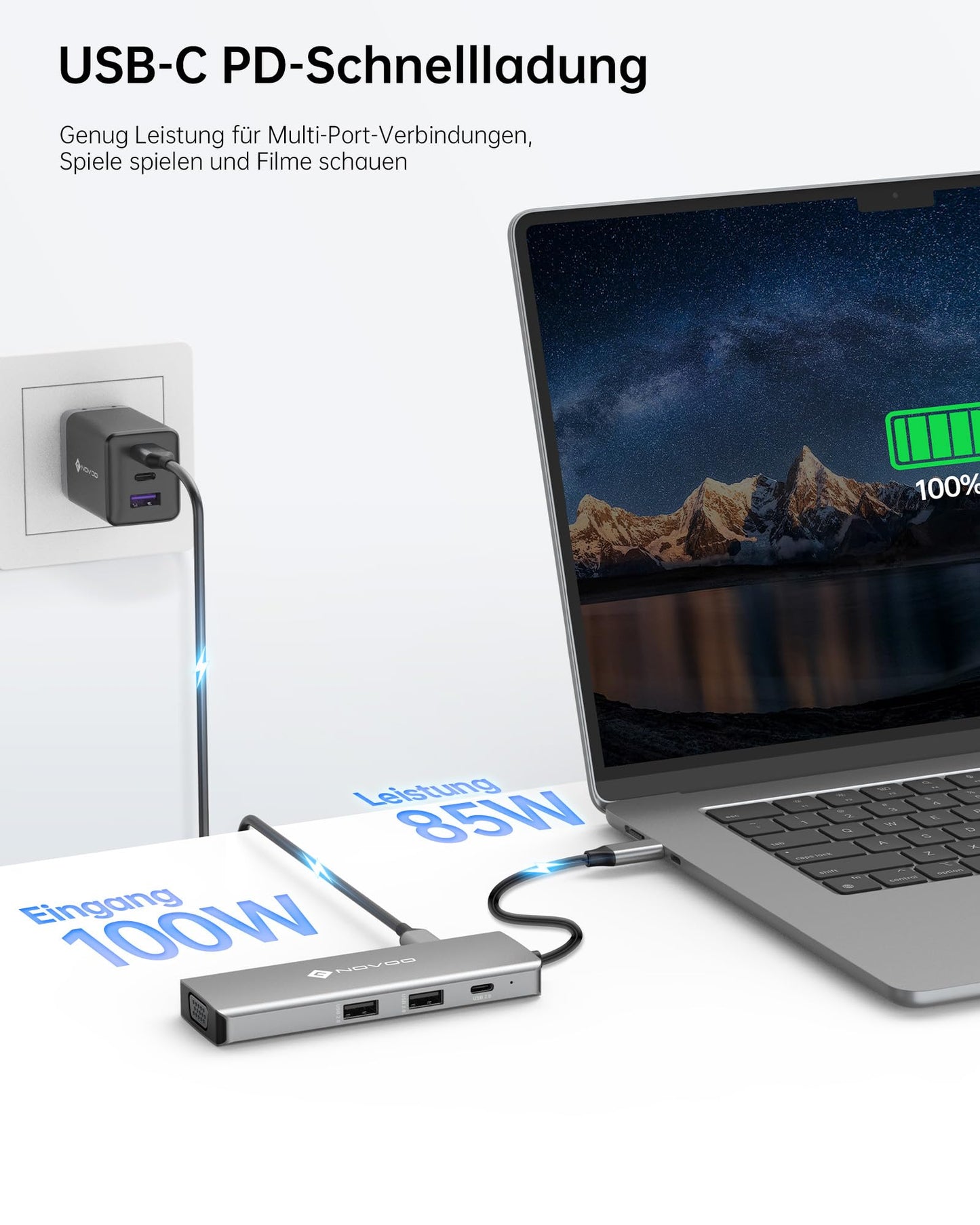 NOVOO Docking Station USB C Dual HDMI 8 in 1 USB C Hub with 4K@120Hz DisplayPort, 2 HDMI 4K@60Hz, VGA, 2 USB-A + 1 USB-C data ports, PD 100W laptop adapter 4 monitors for iPhone 15/MacBook/Dell/Lenovo/Surface