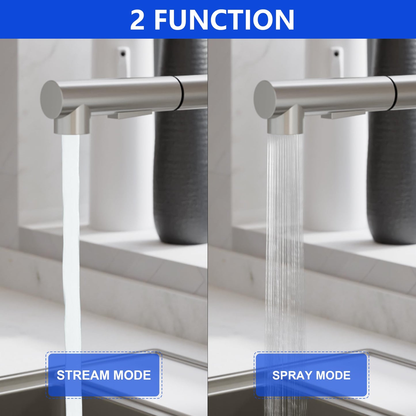 Pull-down kitchen faucet, YUANNY high-pressure kitchen faucet with pull-out spray, single lever mixer tap for kitchen with 2 spray modes, kitchen sink faucet 360° swivel, stainless steel kitchen tap 304.