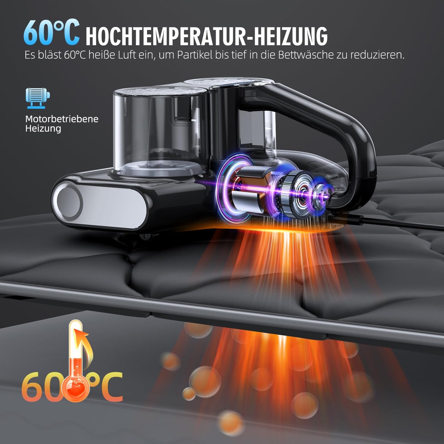 JPHYLL dust mite vacuum cleaner for mattresses with 253.7nm UV light, 16Kpa suction power, brush roller knocking, HEPA filter, ultrasonic technology, hot air, wide suction opening, black.