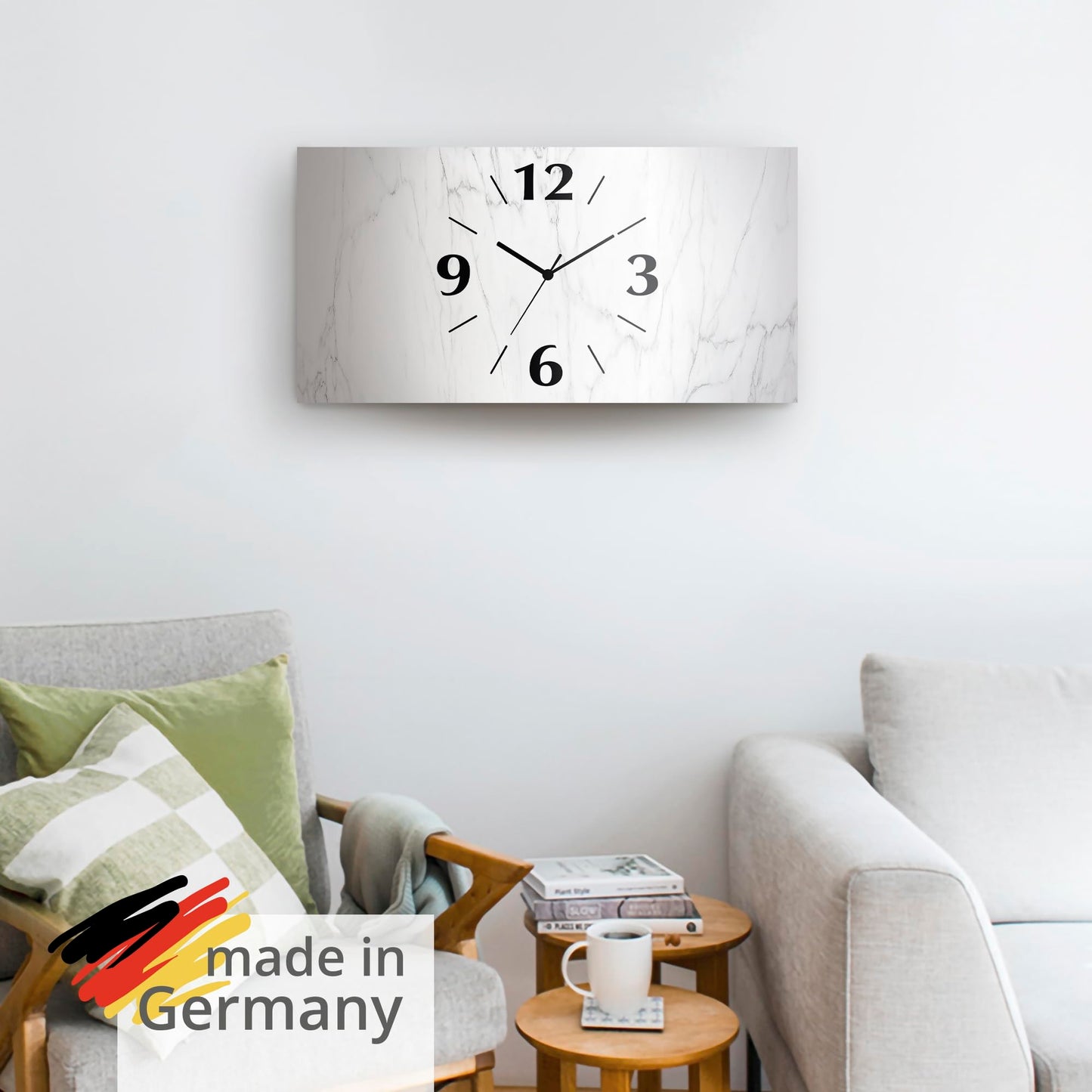 ARTLAND wall decoration wall clock without ticking noises Aluminum radio clock analog radio clock 60x30 cm White marble stone look U1RF