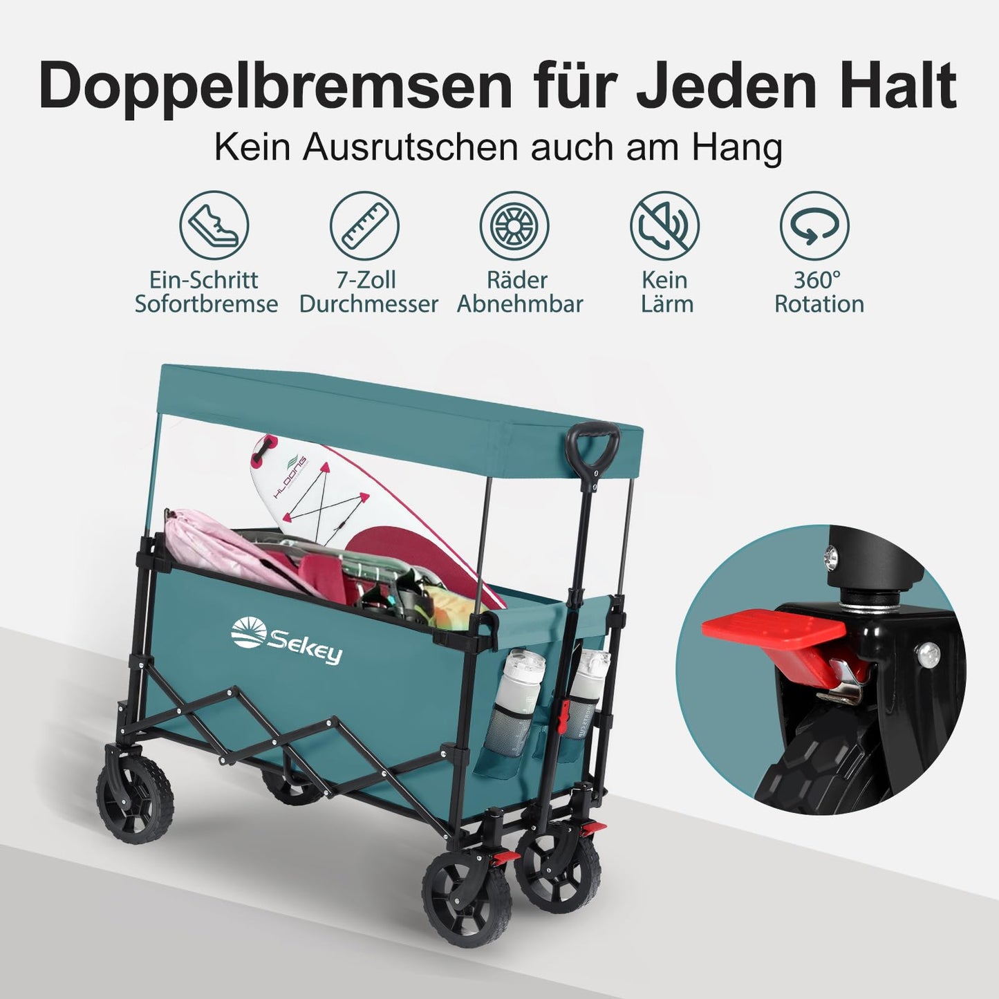 Sekey XXL folding wagon for children 150L 150KG, foldable wagon with canopy, collapsible handcart with sun protection for trips to the beach camping, roof S 4018, green