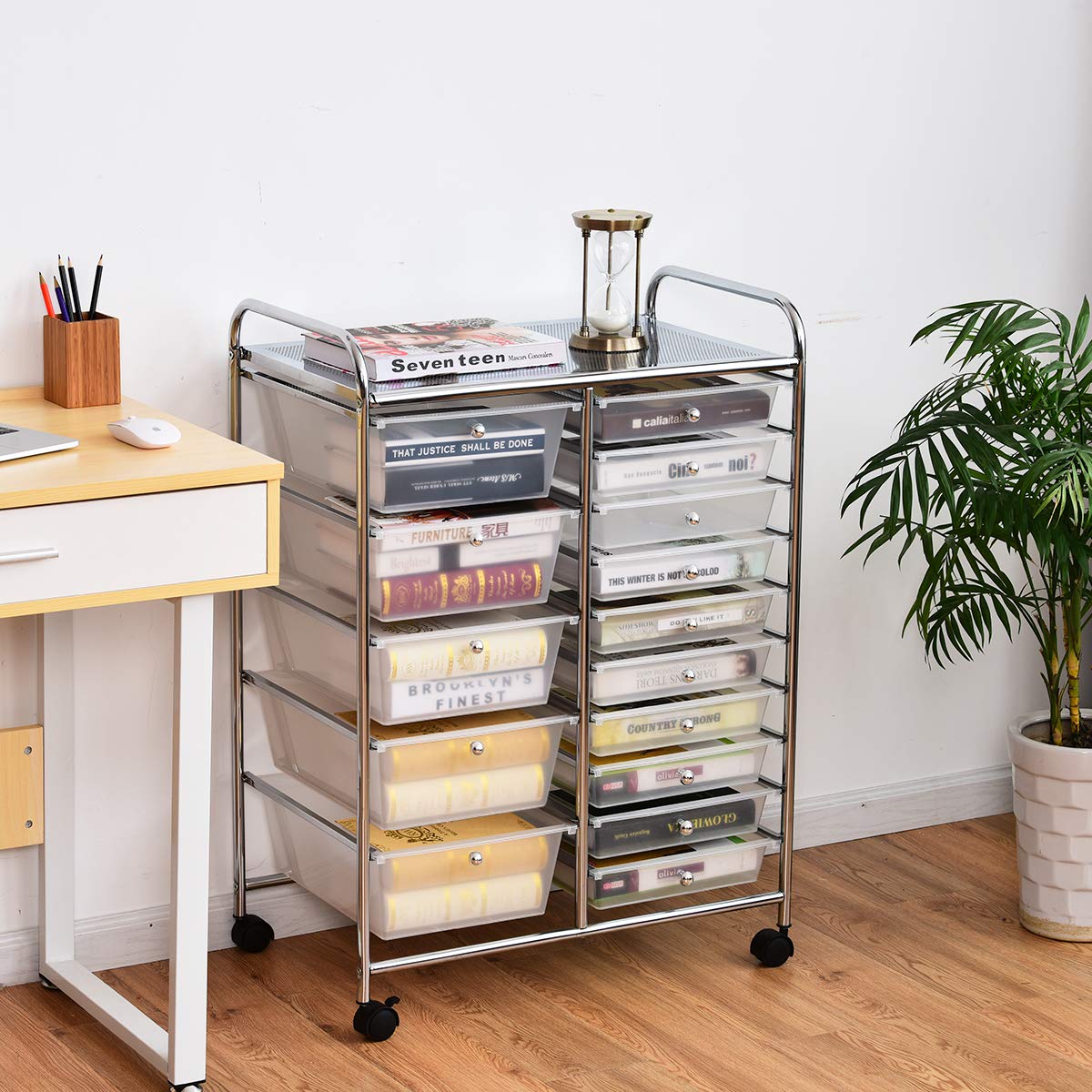 COSTWAY rolling cart with 15 stackable drawers, drawers cart with metal frame and shelf, bathroom trolley storage cart for office, living room, 62.5 x 37 x 87 cm.