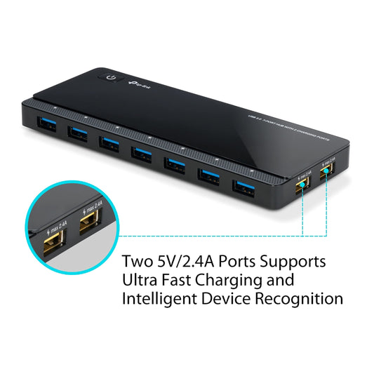 TP-Link UH720 7-Port USB 3.0 HUB + 2 charging ports (2.4A) for tablets and smartphones, includes power adapter and USB 3.0 cable, up to 5 Gbit/s, hot swapping, supports Windows, Mac OS, Linux, black.