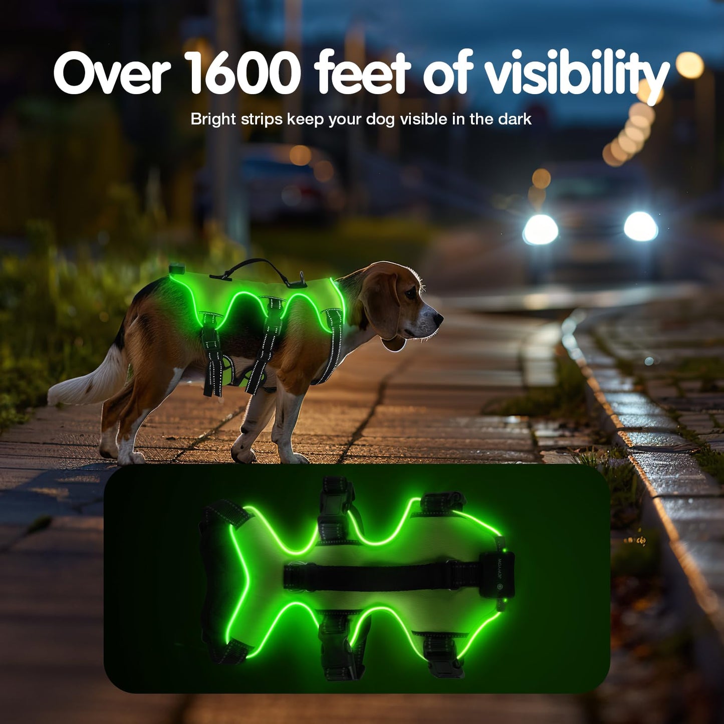 Jewyow Dog Harness Glowing, Rechargeable LED Dog Harness, LED Harness for Dogs with Soft Handle, 3 Adjustable Modes, Waterproof for Medium, Large Dogs, Green-XL