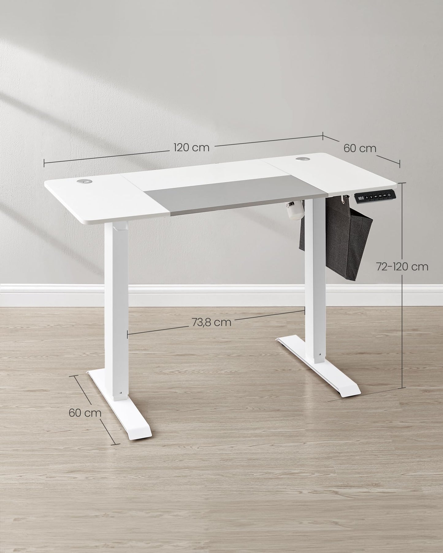 SONGMICS Electric Height Adjustable Desk, 120 x 60 cm, continuously adjustable, Memory Function with 4 heights, cloud white-dove gray LSD015W02