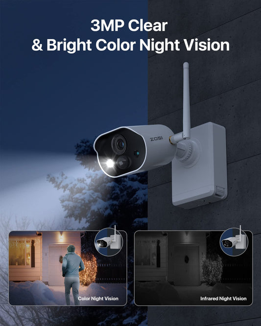 ZOSI 2K 3MP Wireless Outdoor Battery Surveillance Camera Set, 4X 3MP WiFi Cameras Battery Operated with Base Station 32GB Card, Spotlight, 2-Way Audio, Person Detection, C309