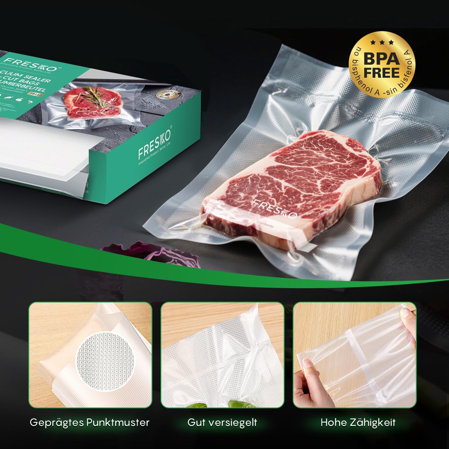 Fresco vacuum bags, food, 20 x 30 cm, 120 bags, embossed, BPA-free, storage, freezing, and cooking in vacuum, suitable for all vacuum machines.